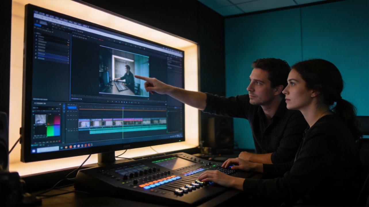 Two editors review a video timeline on a large monitor in a dark editing studio.
