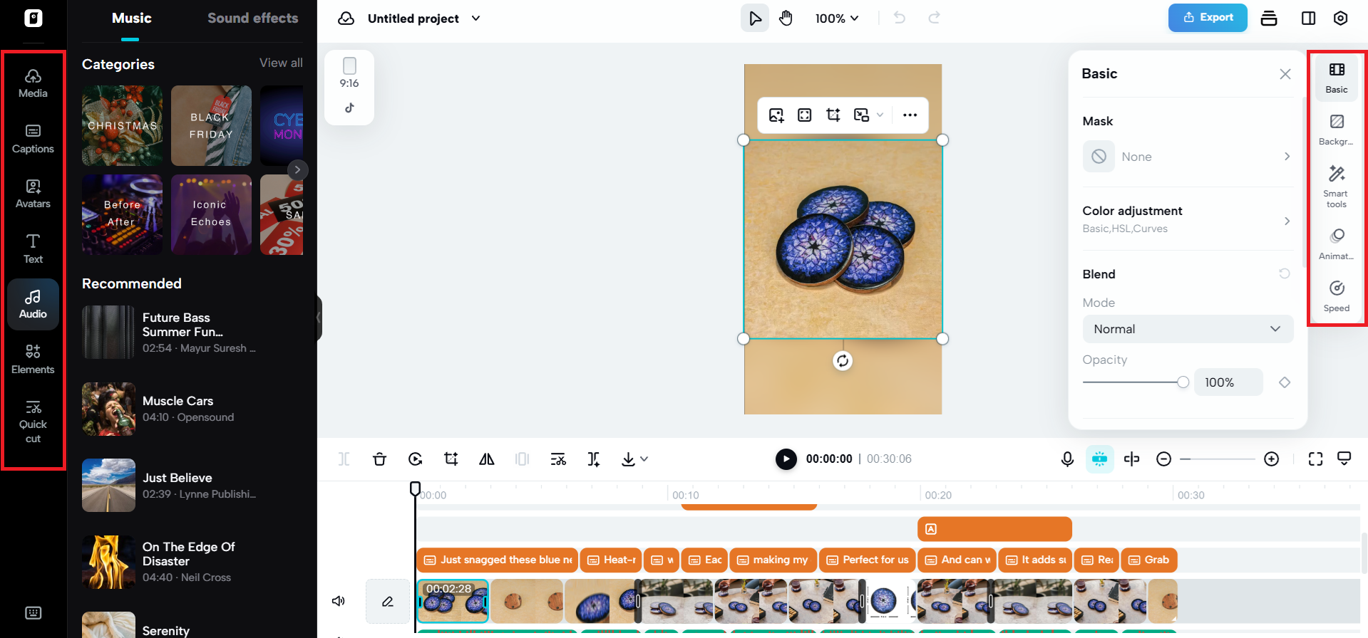 Editing options on either side of canvas