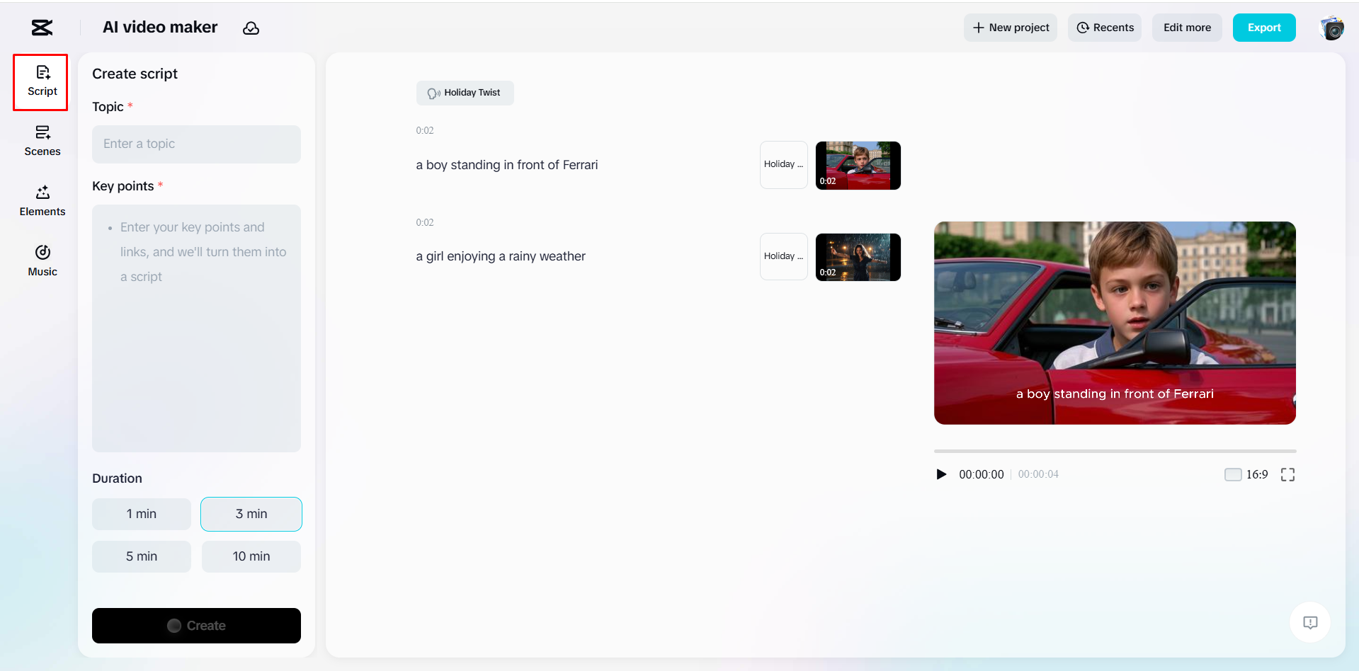 Gerando um script e vídeo com o criador de vídeo do IA CapCut