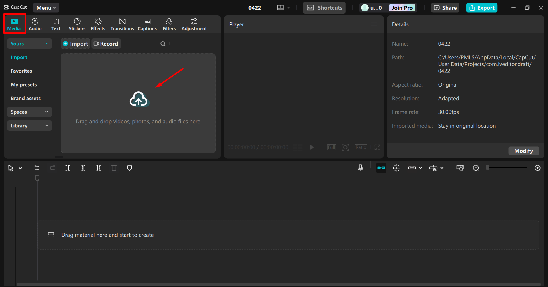 Importing the video into the CapCut desktop video editor