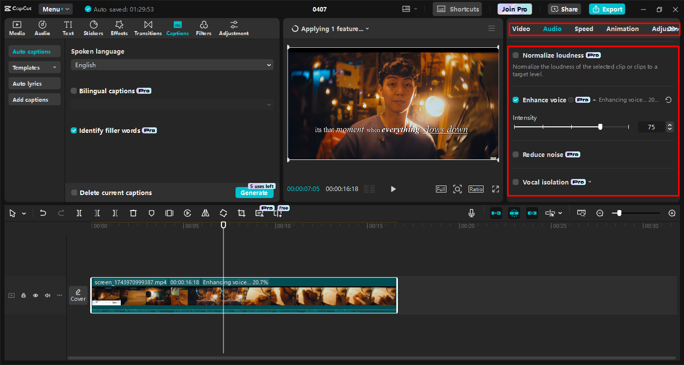 Modifica delle registrazioni dello schermo con strumenti AI nell' CapCut editor video desktop