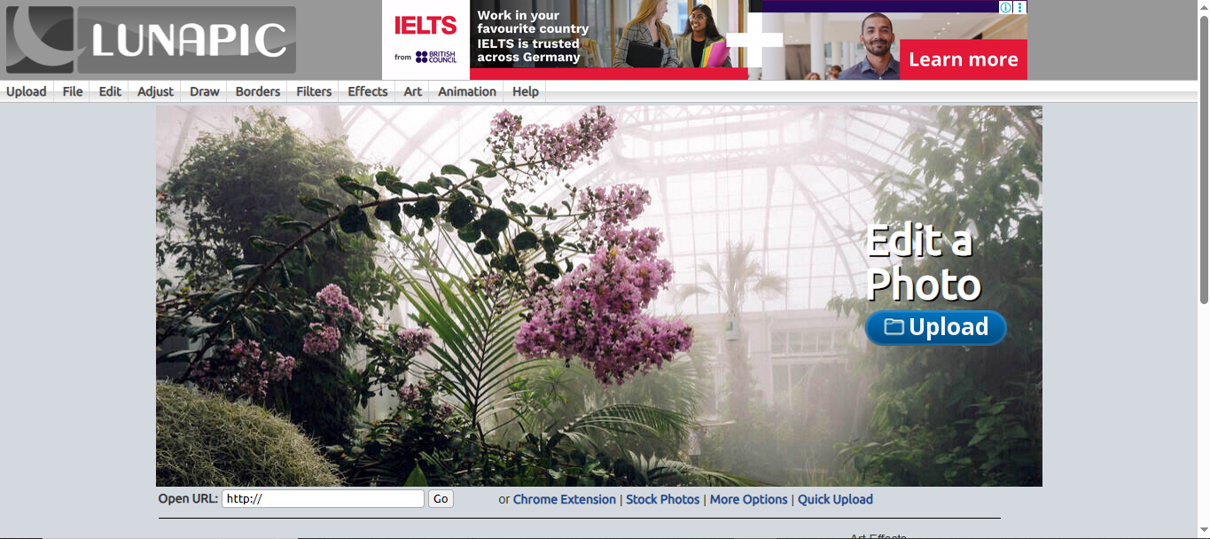 Interface of online photo editor LunaPic