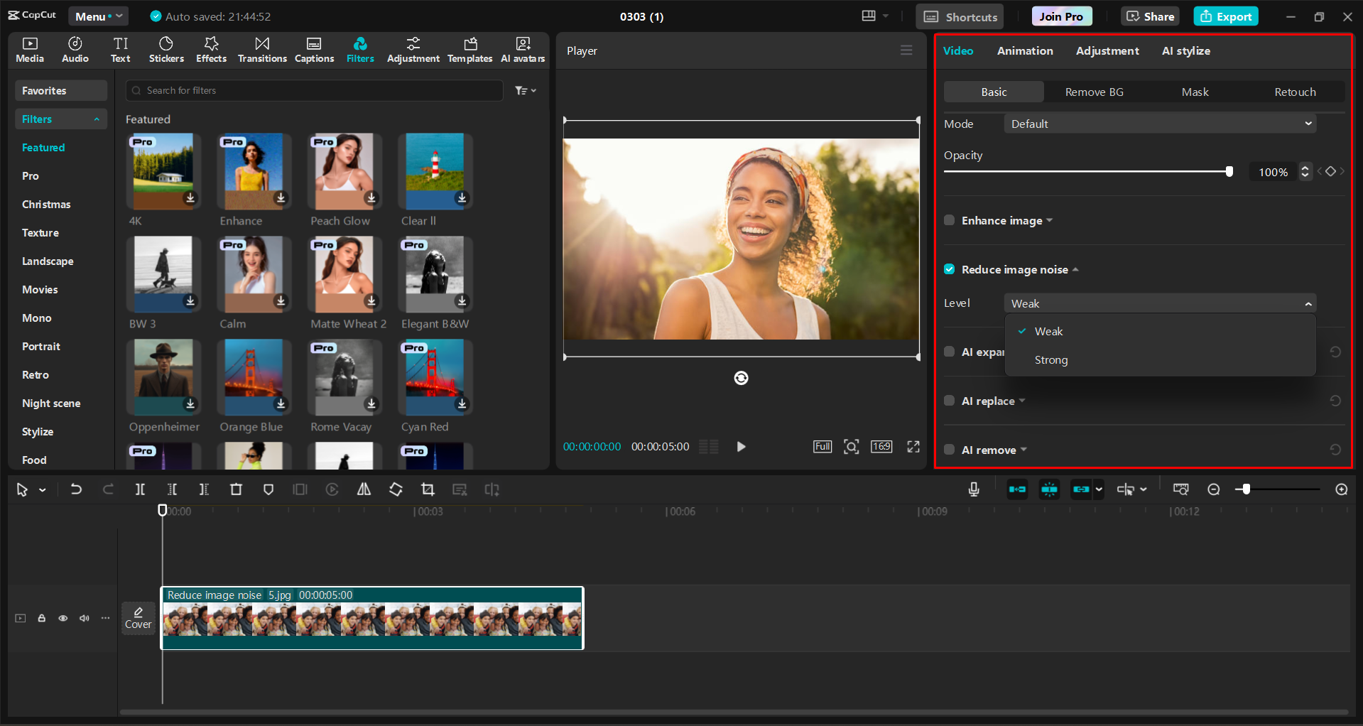Reducing image noise in the CapCut desktop video editor