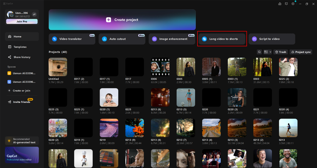 Accesarea videoclipurilor lungi la instrumentele scurte din editorul video CapCut desktop
