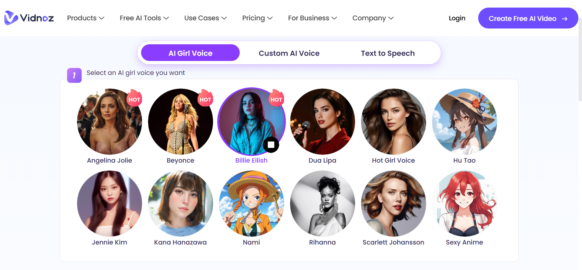Interfaccia di Vidnoz - uno dei migliori online ragazza voice changer
