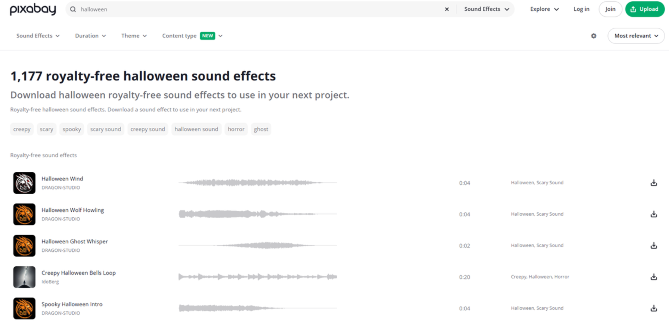 Interface of Pixabay - a resource for Halloween sound effects