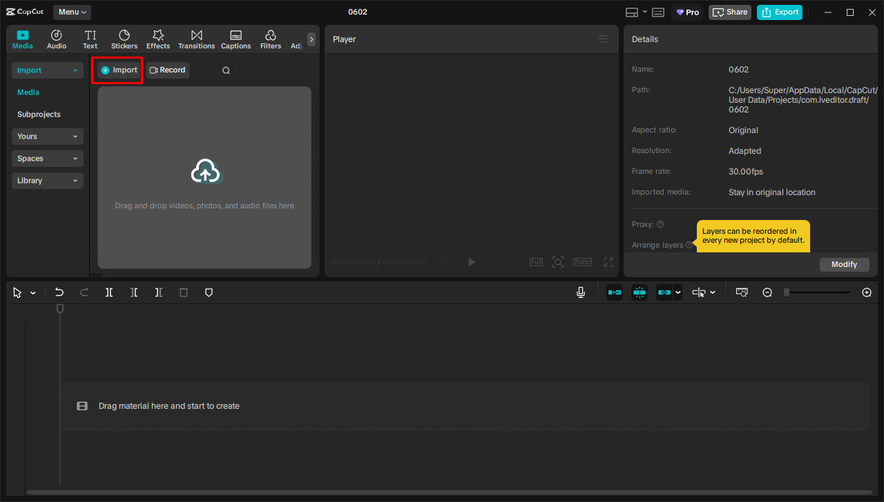 Importing media in the CapCut desktop video editor