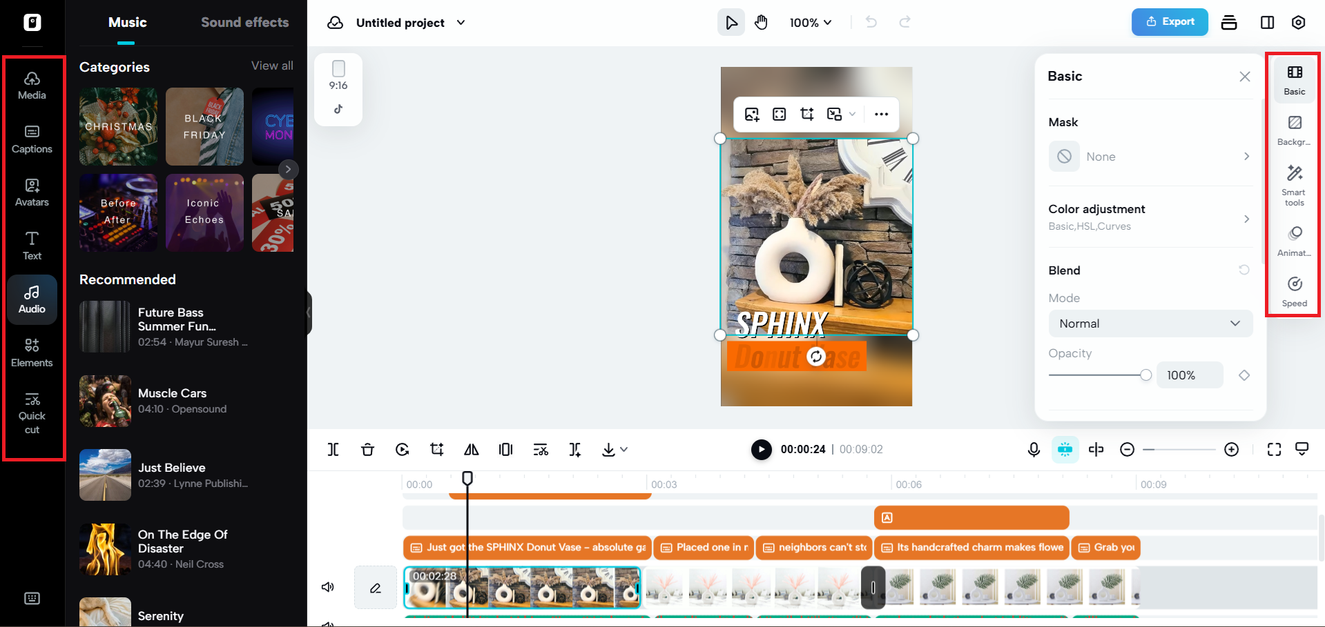 Editing options on either side of the canvas