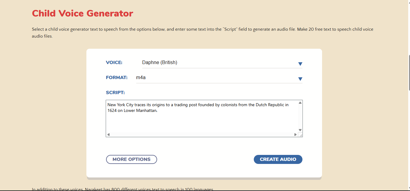 Narakeet - a user-friendly free online AI child voice generator