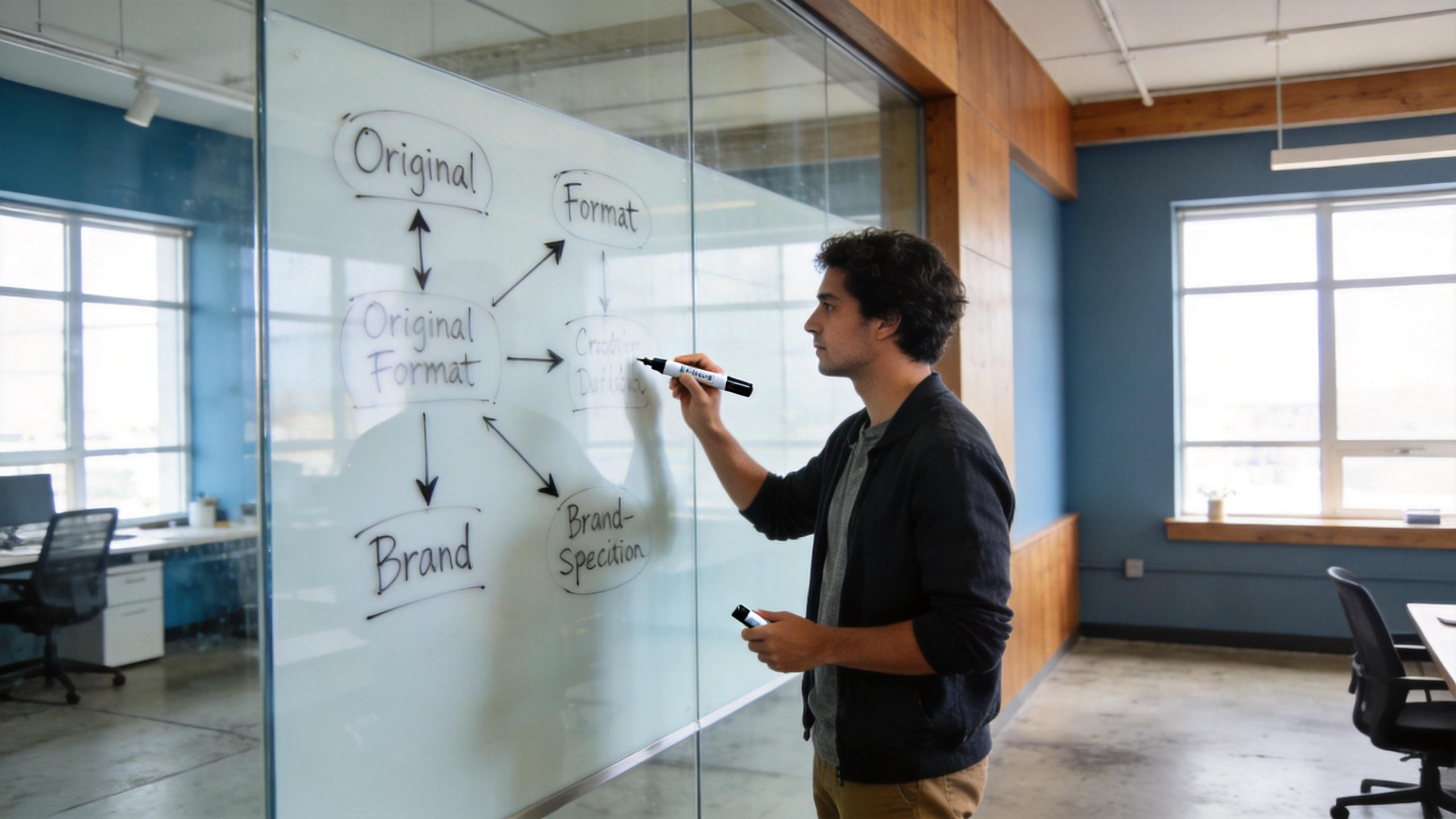 Man writing a flowchart on a glass board in an office