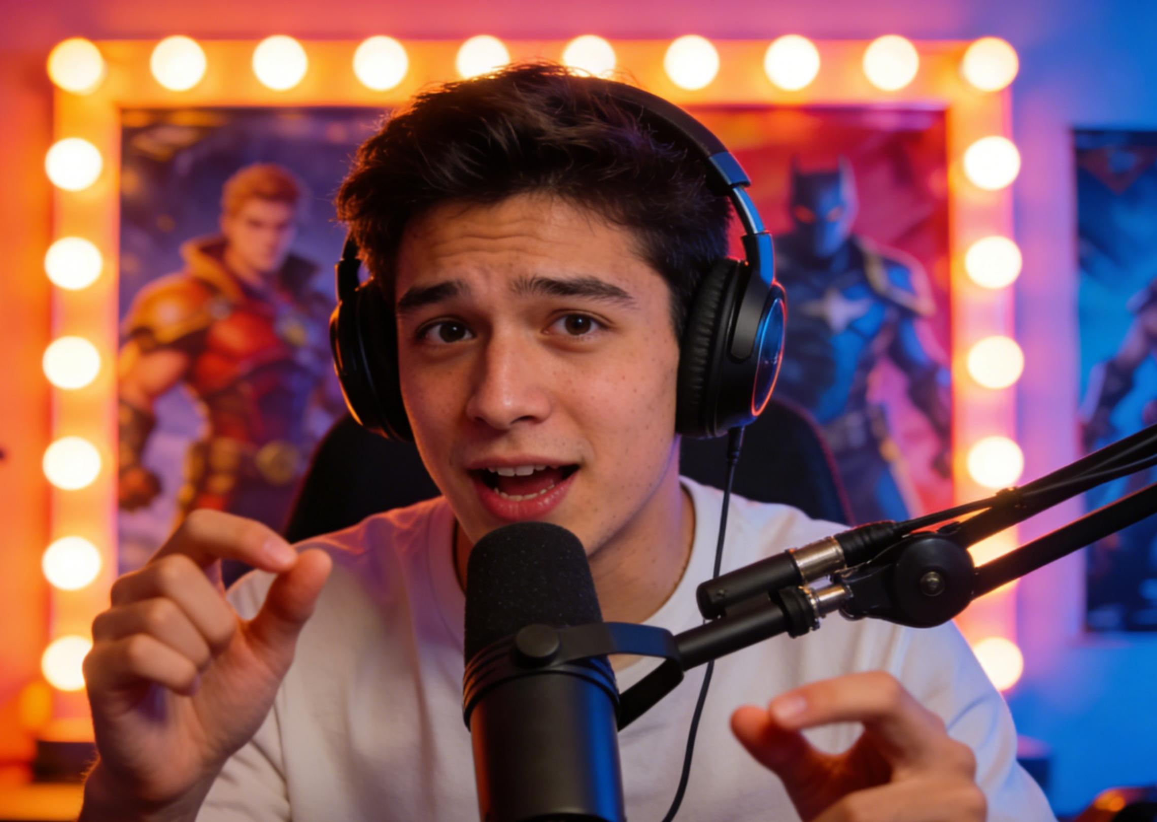 Generate an energetic voiceover of a male gamer talking during a live stream