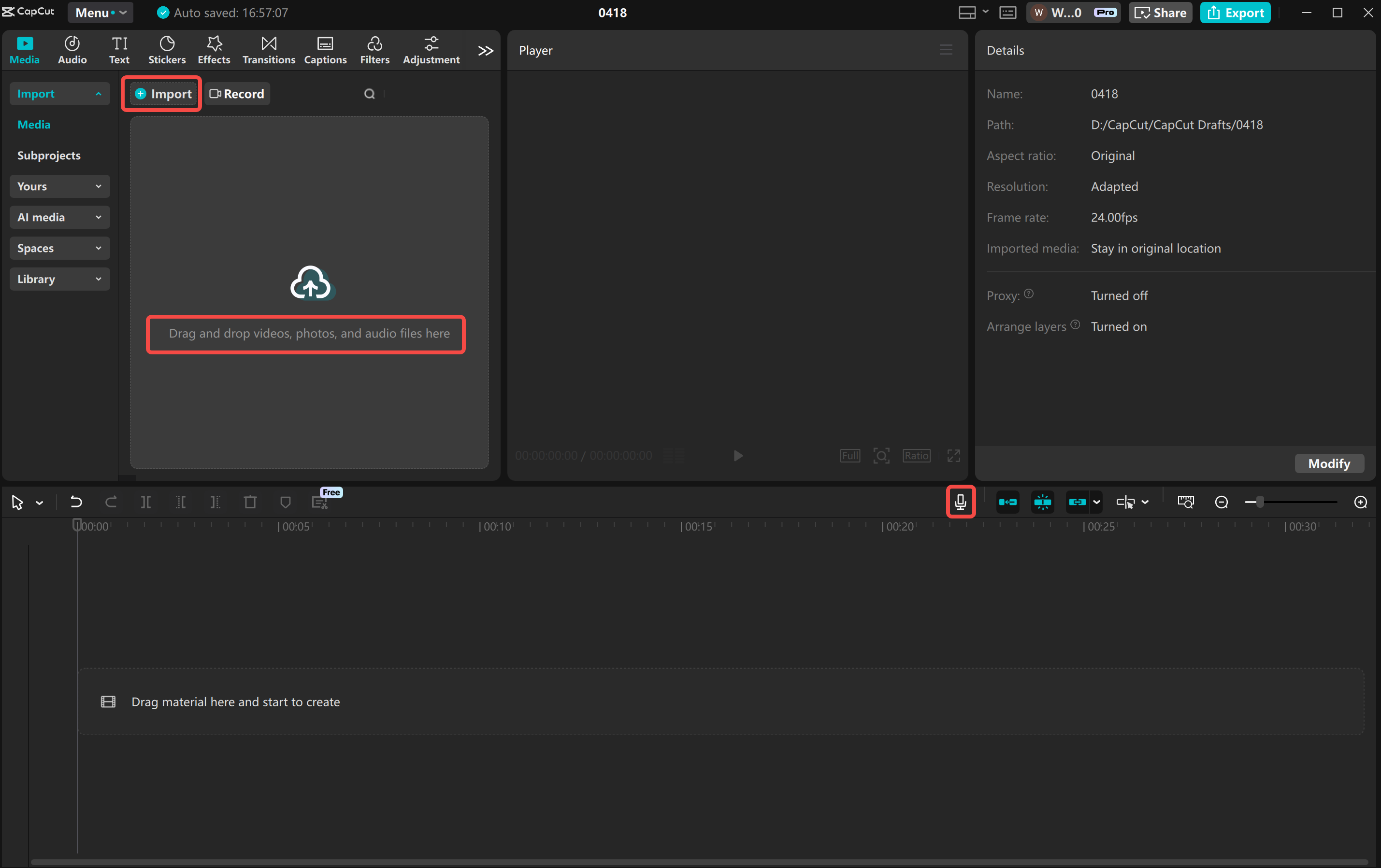 Importe ou grave a mídia no editor de vídeo de desktop CapCut