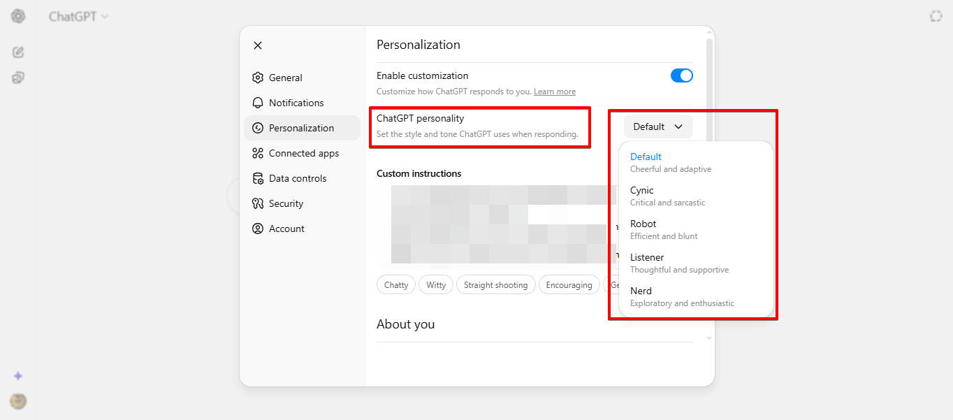 Personality settings in ChatGPT 5