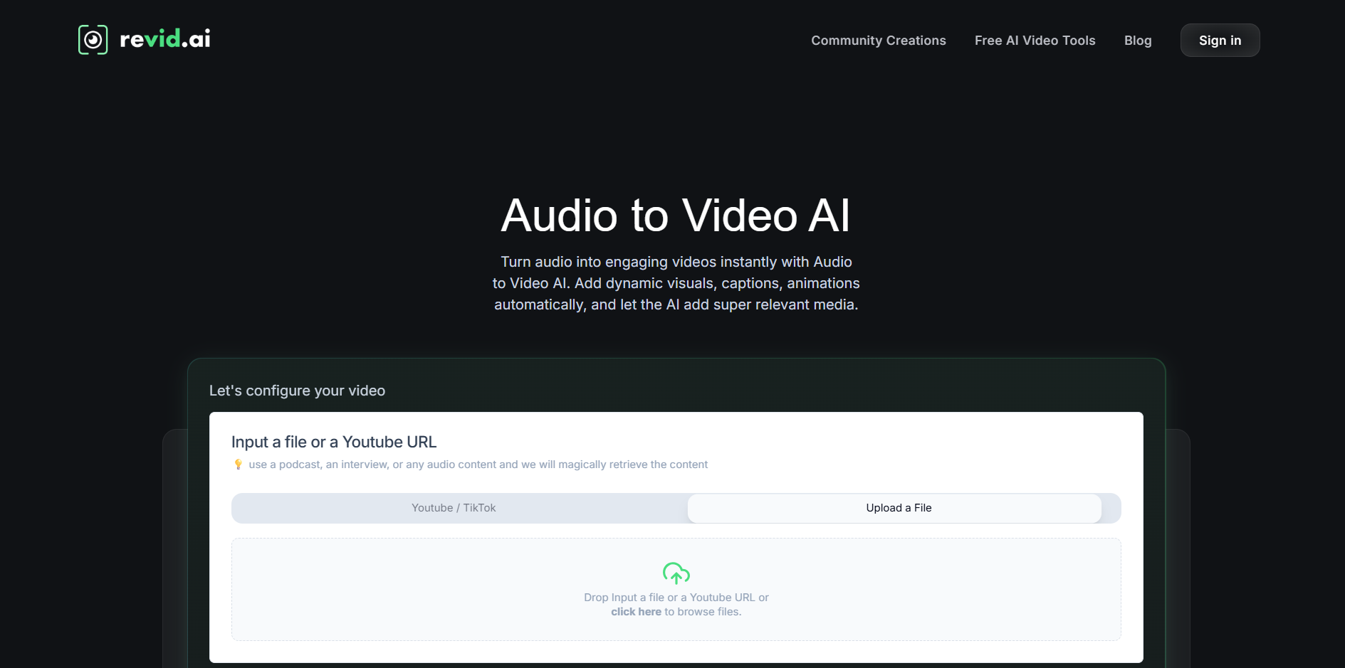 Interface ng Revid - isang intuitive AI audio sa video generator
