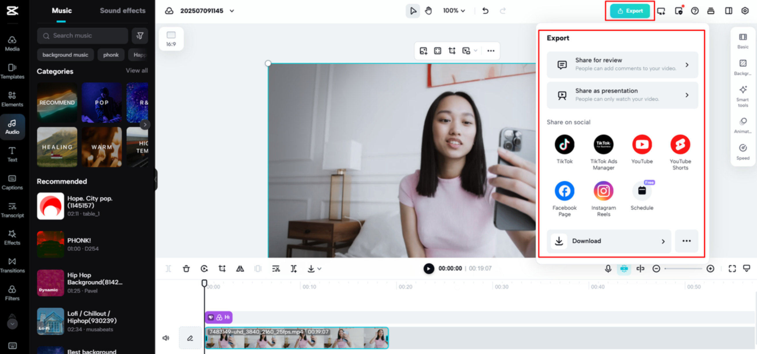 Exporting a video from CapCut Web