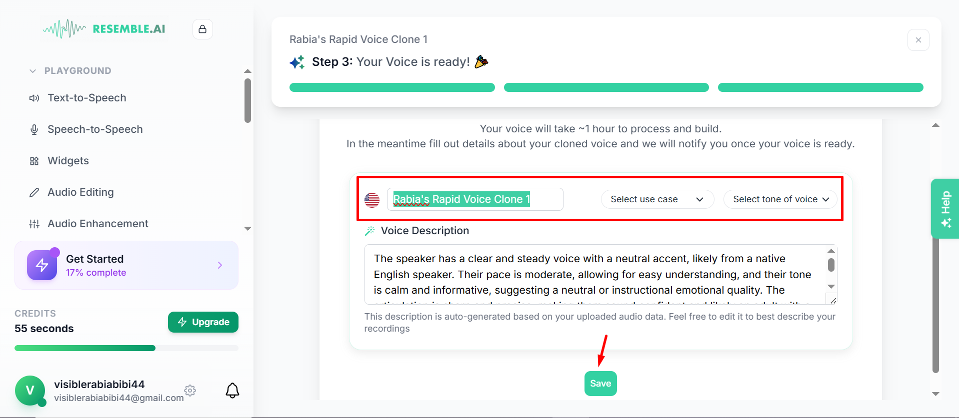 Saving the voice clone on the Resemble AI voice generator