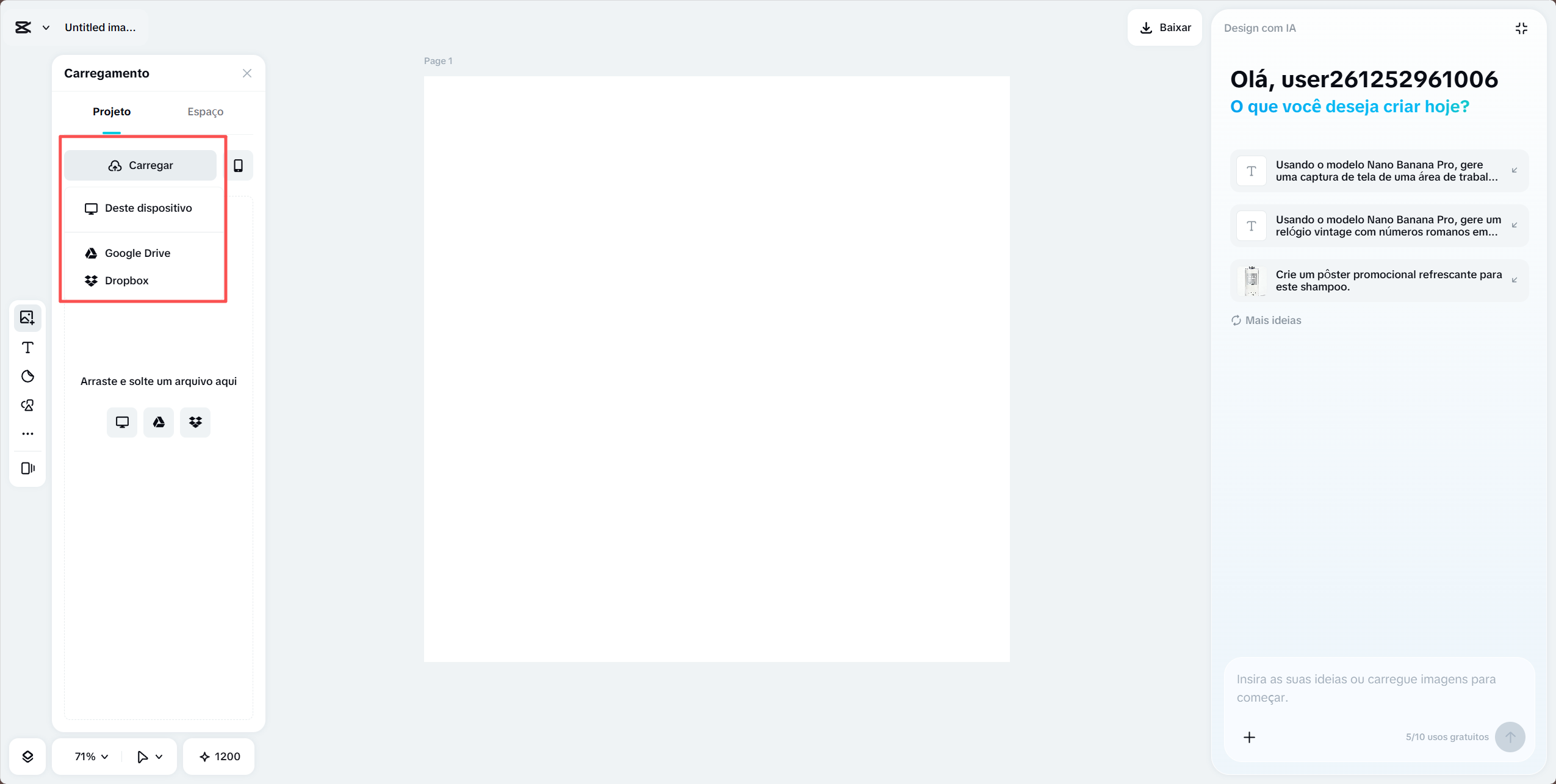 Faça upload da imagem do seu computador, Cloud, Google Drive ou Dropbox