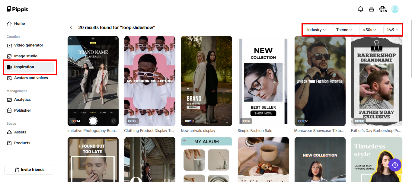 Plantillas de video en bucle en Pippit