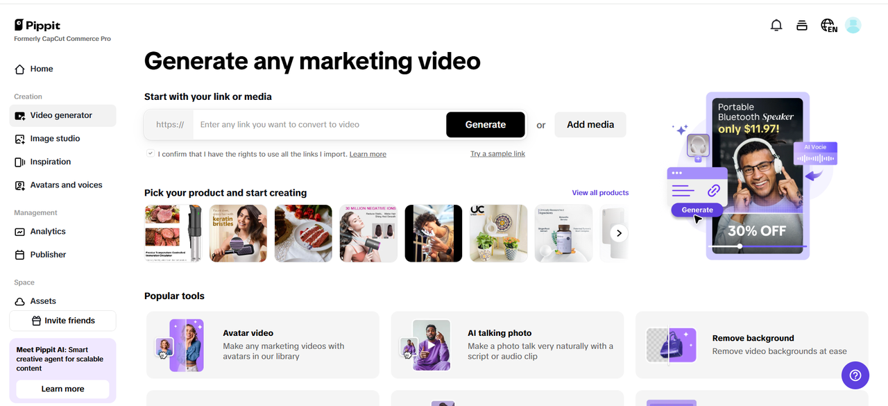Pippit video generator interface