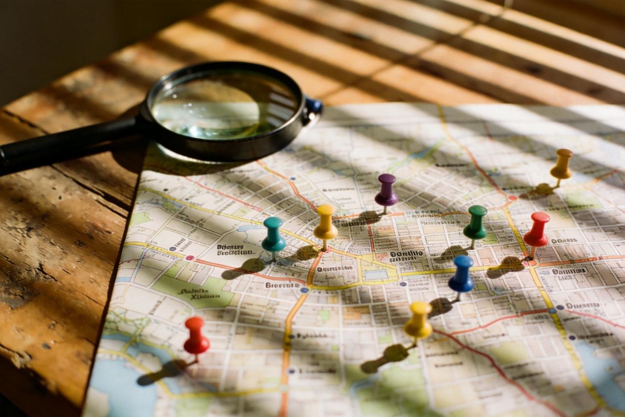 Magnifying glass over a city map marked with colorful pushpins