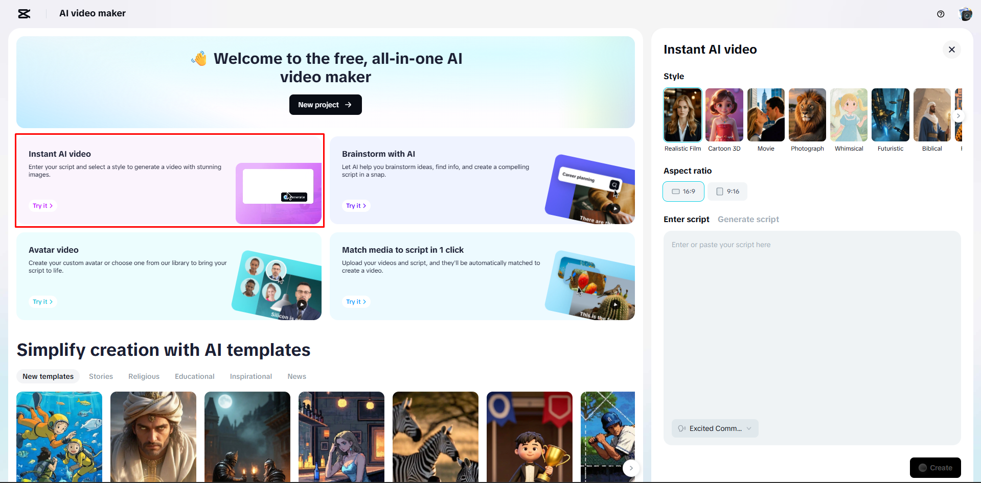 Opening CapCut Web's AI video maker