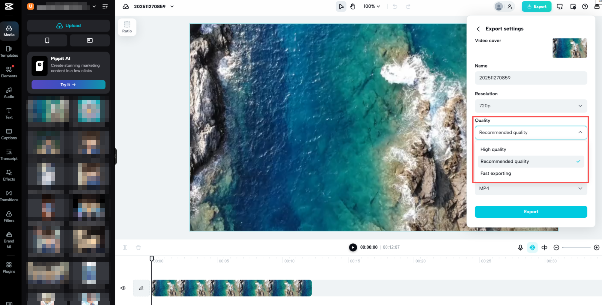 Esporta le impostazioni di qualità per CapCut la versione web