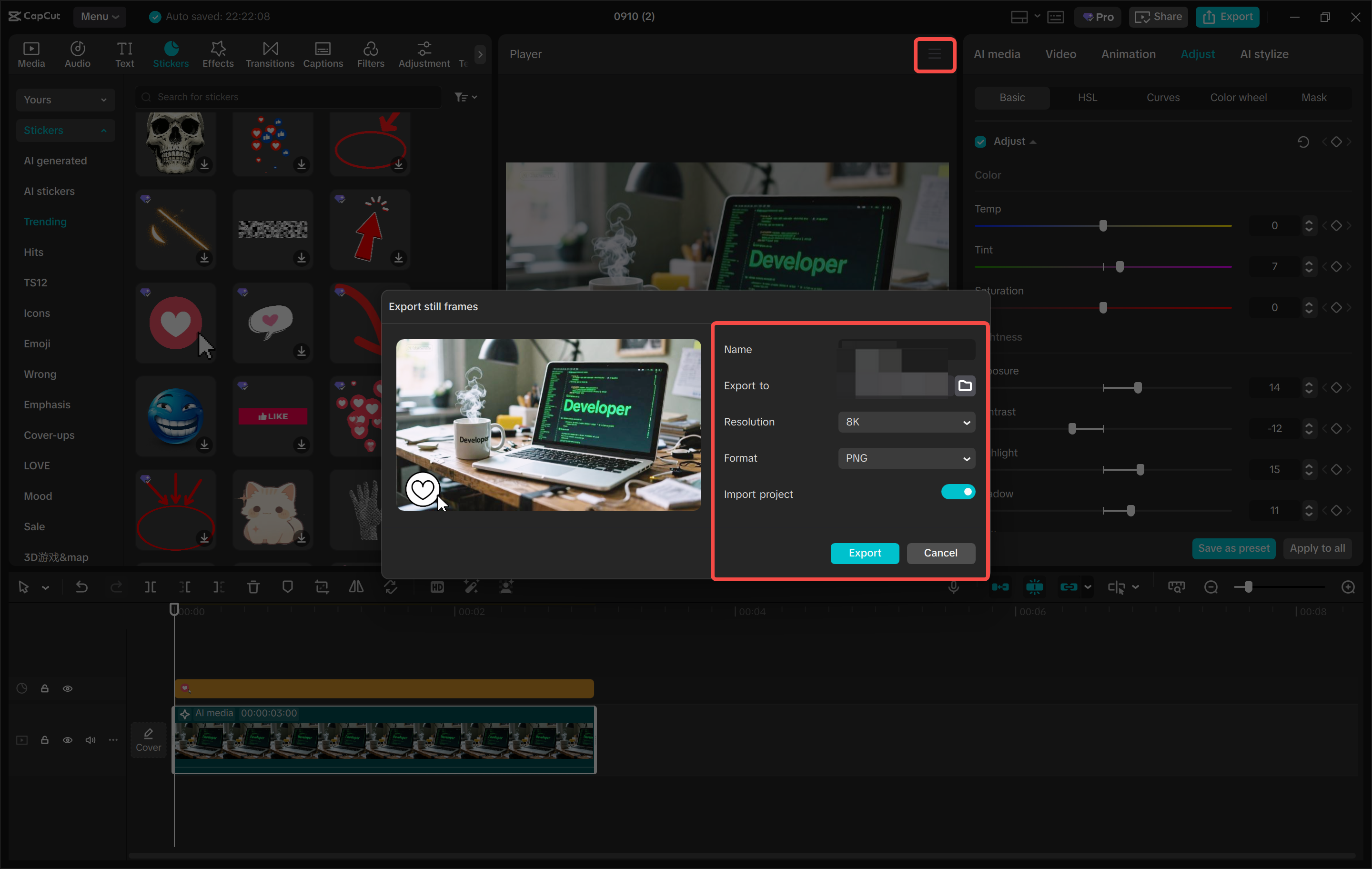 Exporting the final image from the CapCut desktop video editor