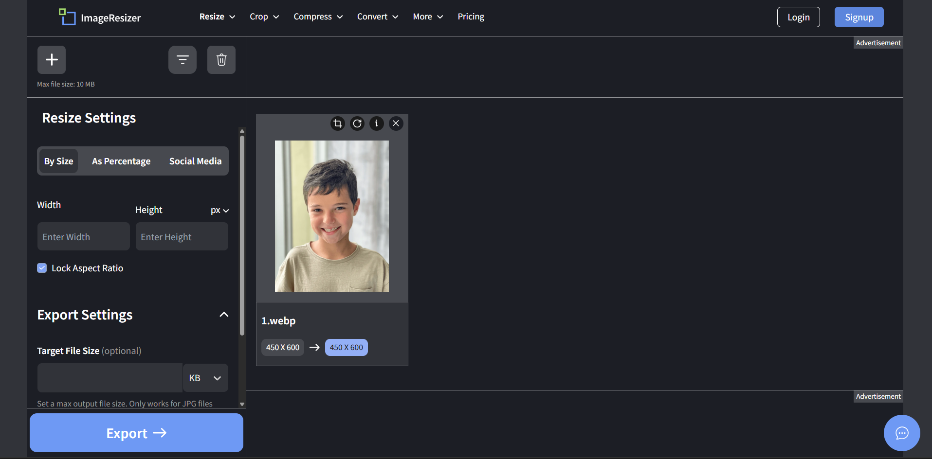 Interfaccia di Image Resizer - un editor di formato fotografico online gratuito