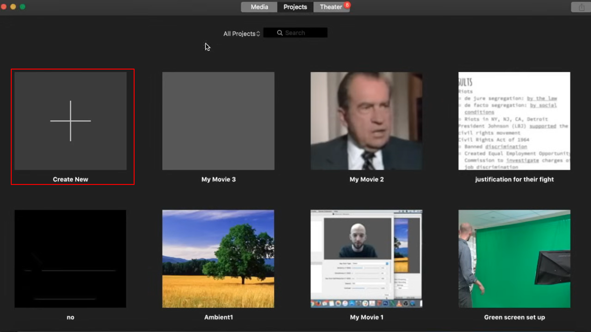 Creating a new project in iMovie video editor