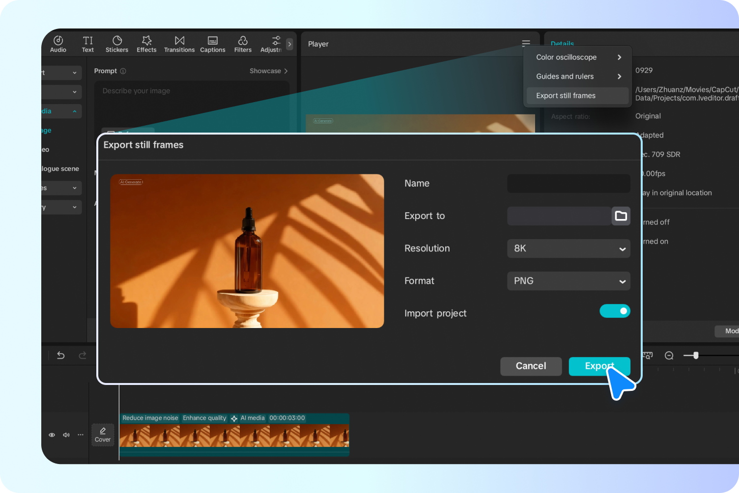 CapCut AI image background generator free export up to 8K