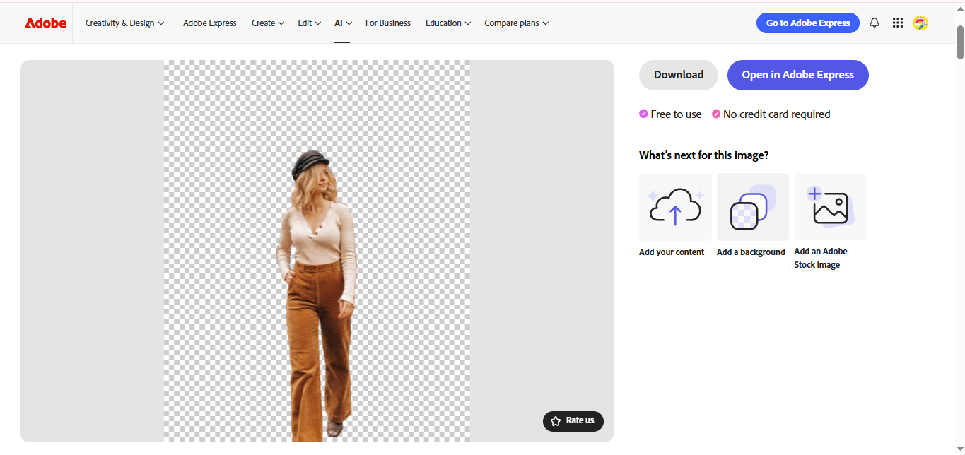 Interfaz de Adobe Express: un editor de fotos y un cambiador de fondo fáciles de usar
