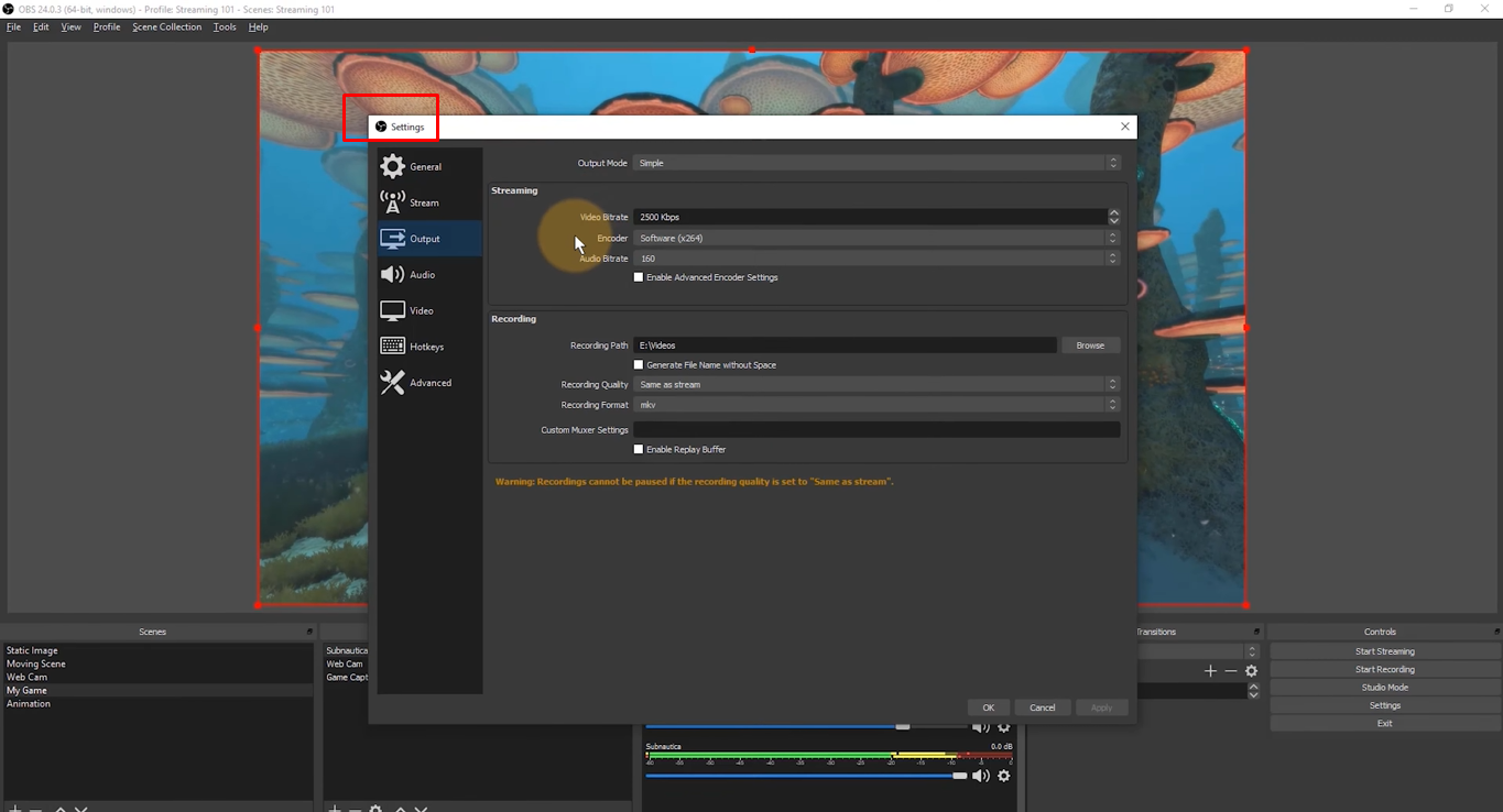 Pag-access sa setting sa OBS recording