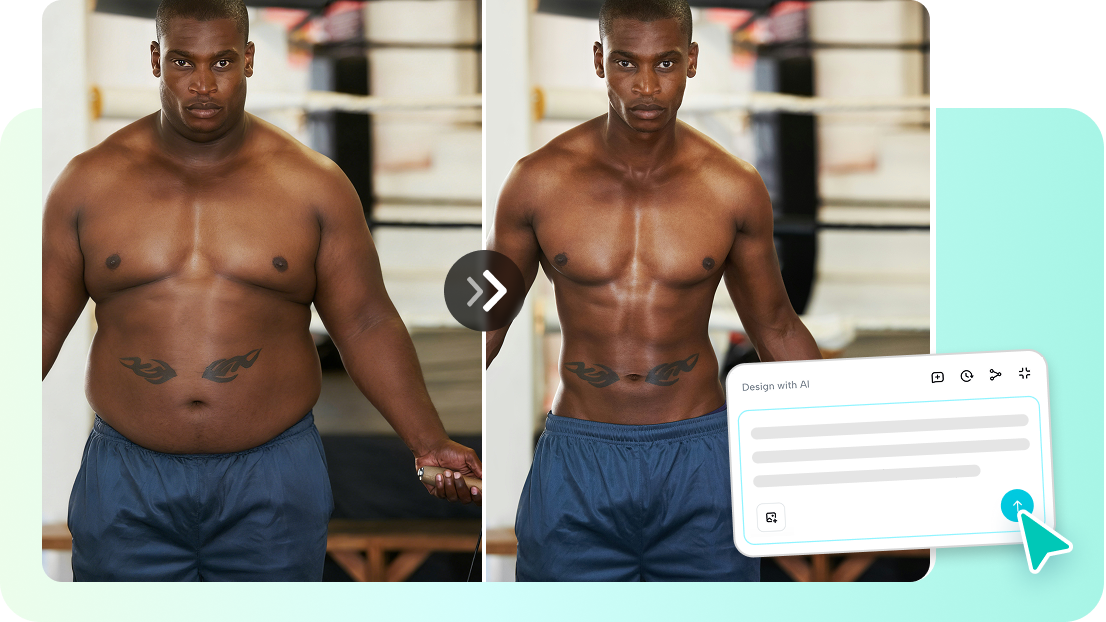 Before-and-after fitness portrait of a man presents a conversational prompt panel