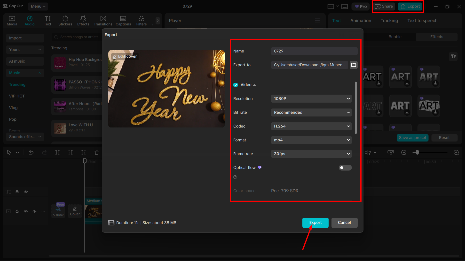 Exporting the media from the CapCut desktop video editor