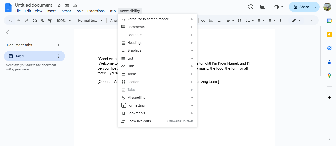Interfaz de texto a voz de Google Docs