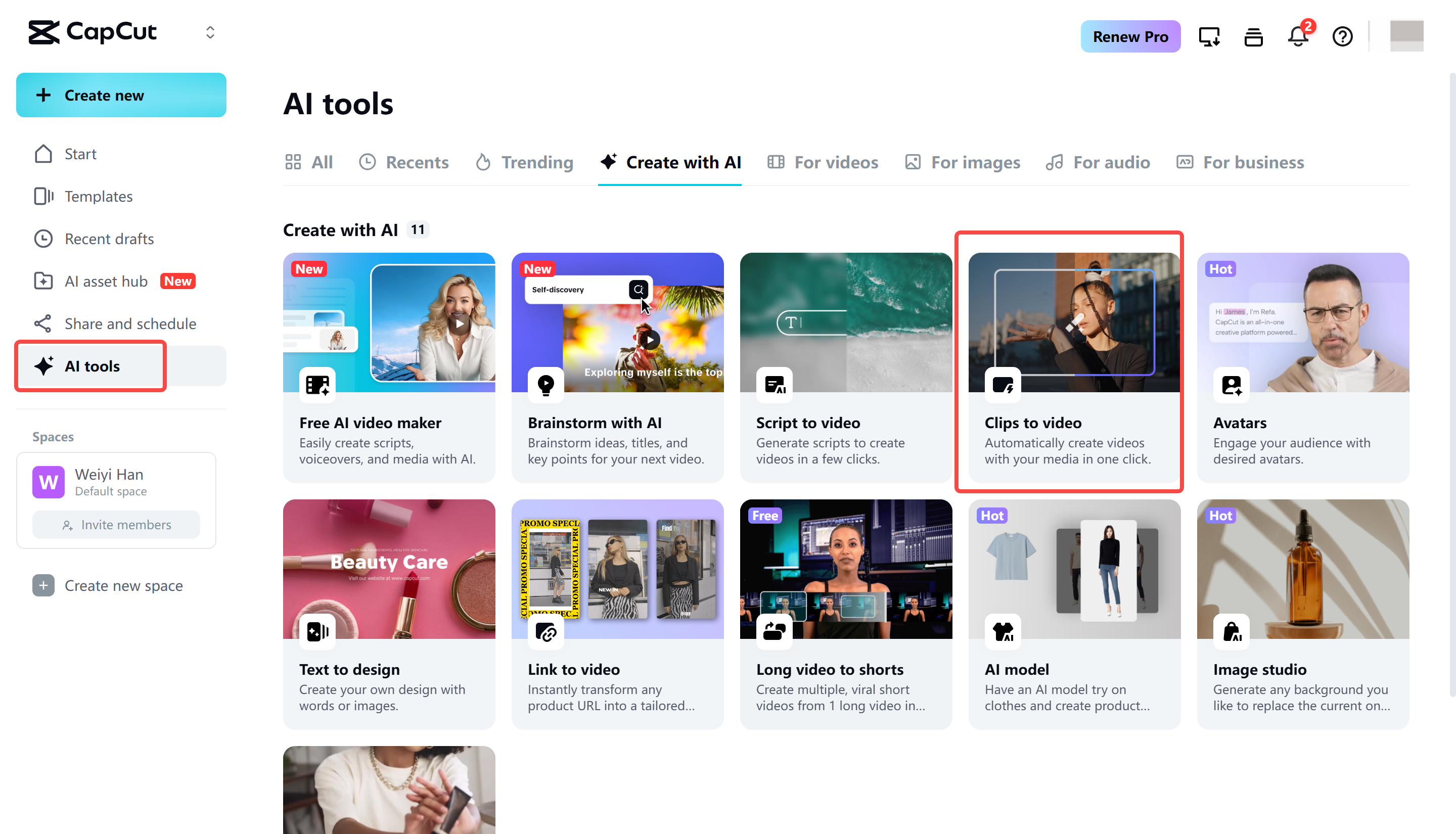 Mengakses alat clip-to-video di CapCut Web