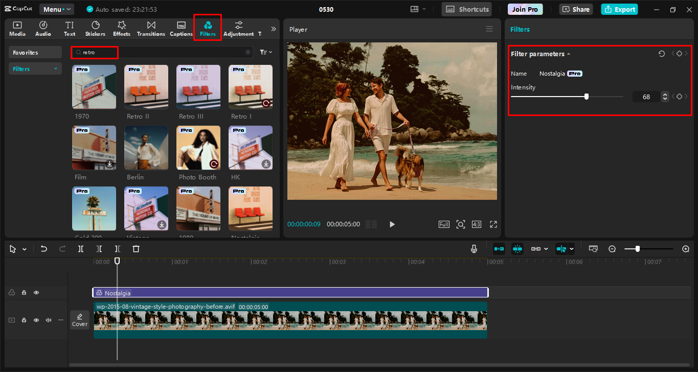 Adding a retro filter to the media in the CapCut desktop video editor