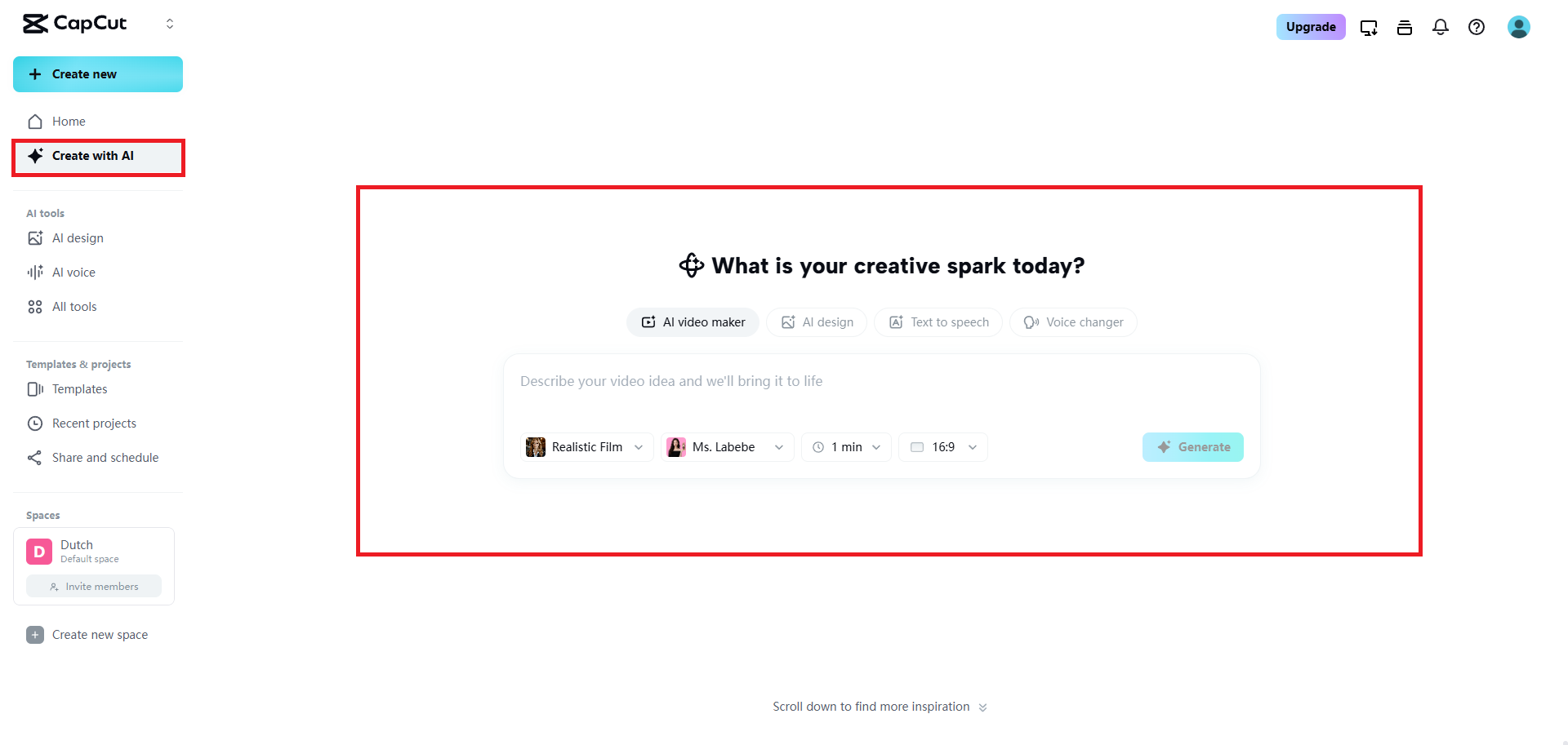 Select the AI video maker function
