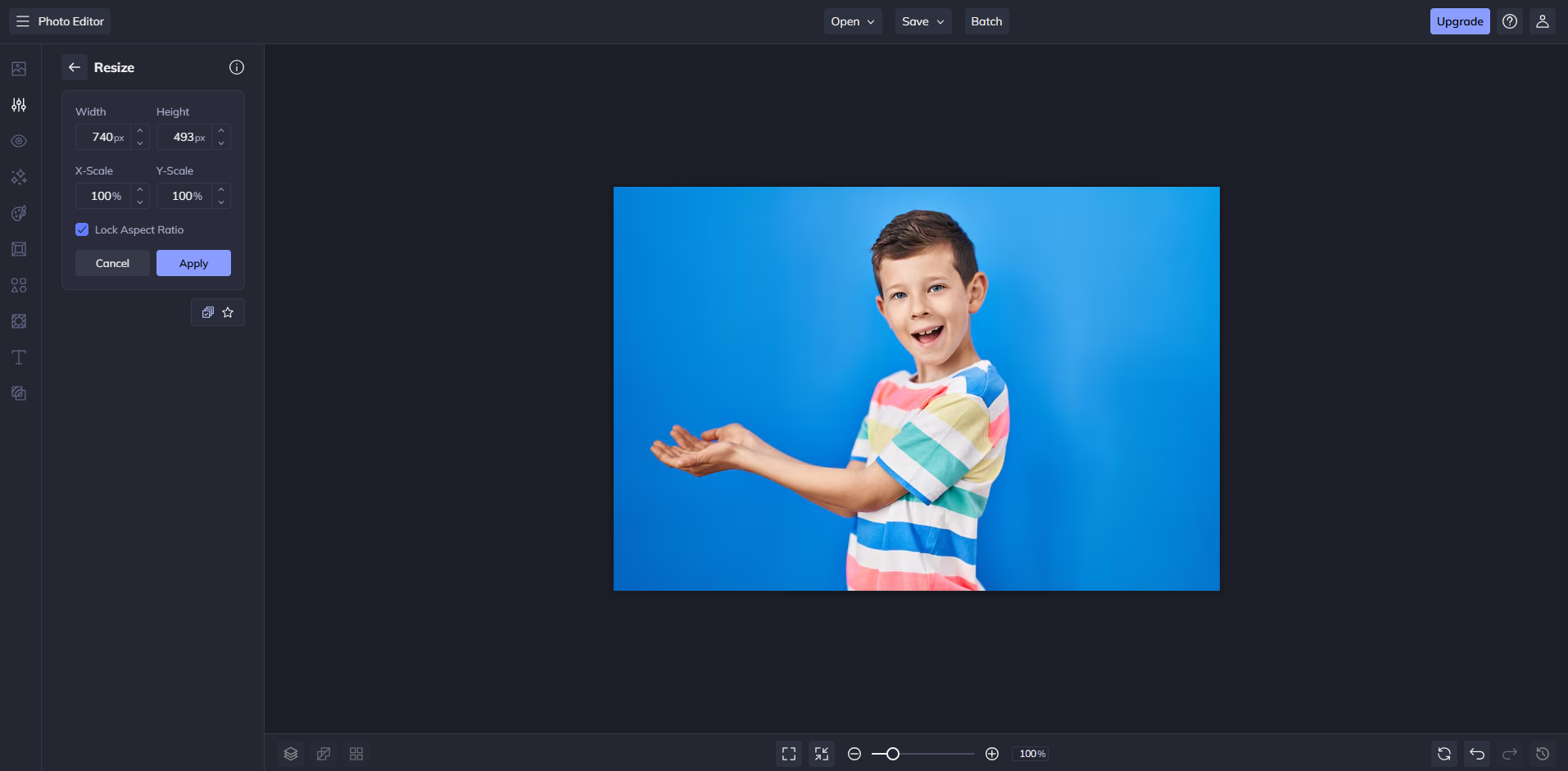 Interfaccia di BeFunky - un editor di dimensioni delle foto facile da usare