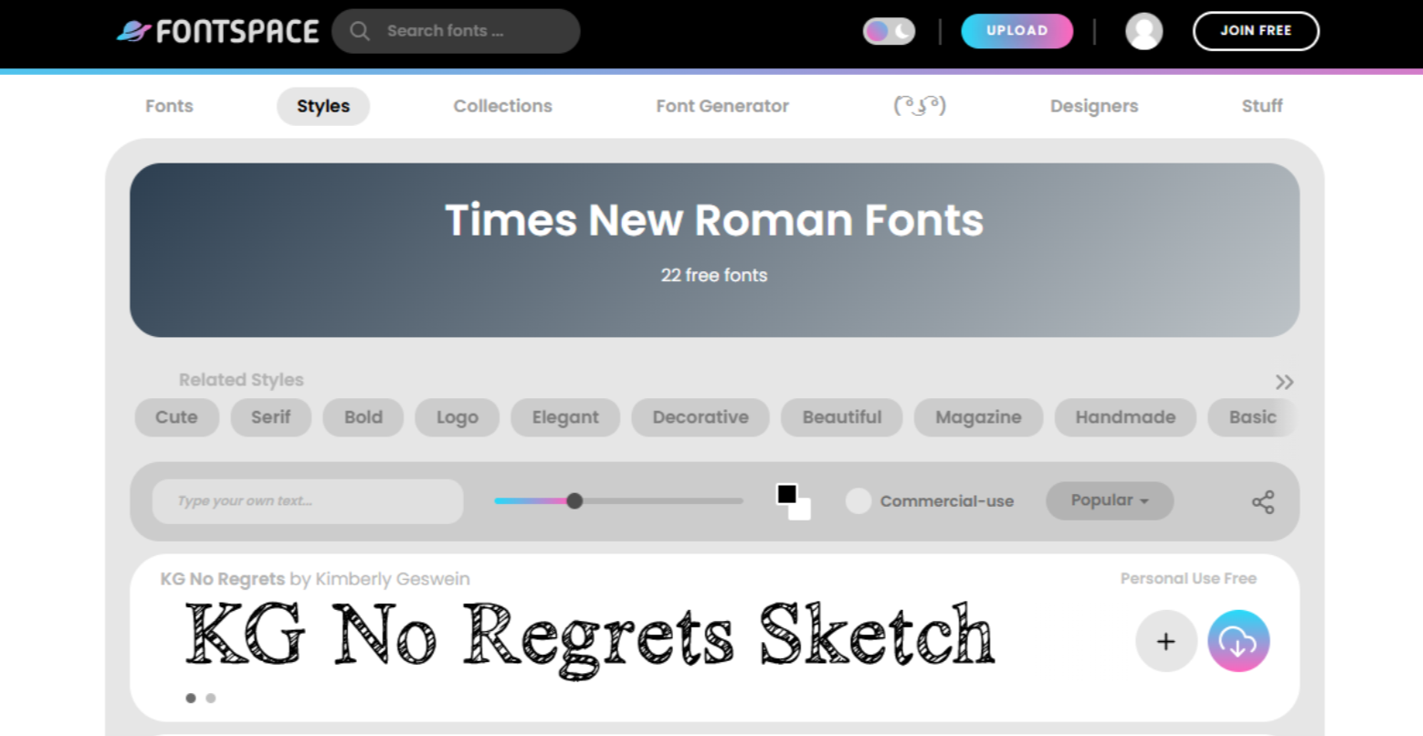 Antarmuka FontSpace - generator teks Times New Roman gratis lainnya