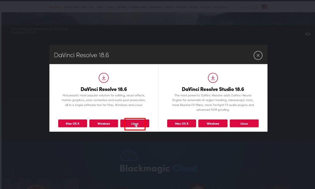 Selezionare Linux per scaricare DaVinci Resolve
