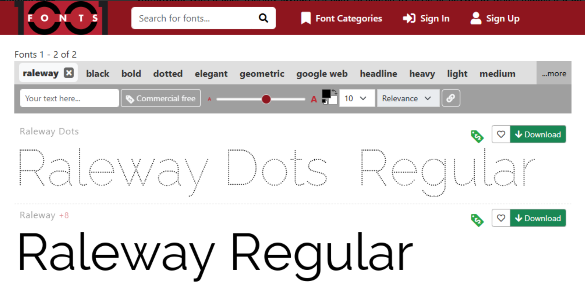 Giao diện của 1001 Fonts - một công cụ mạnh mẽ để tải xuống phông chữ Raleway miễn phí