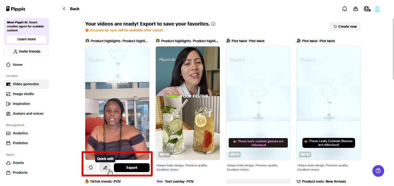 Eksportowanie filmów marketingowych z Pippit