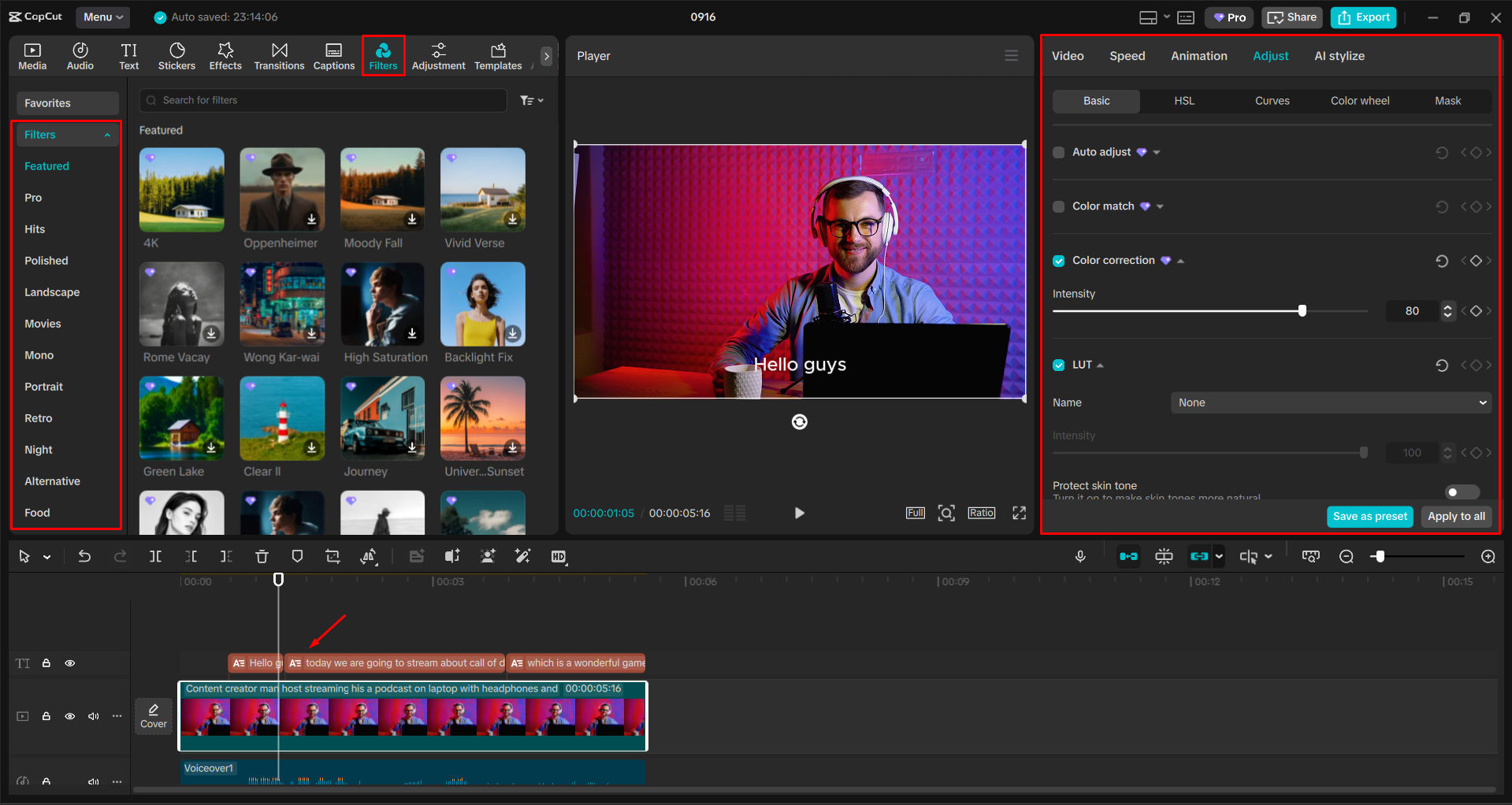 Chỉnh sửa màu video bằng AI trong trình CapCut chỉnh sửa video trên máy tính để bàn