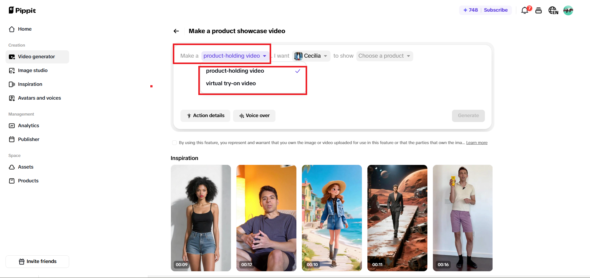 Elige el tipo de video de exhibición de producto.