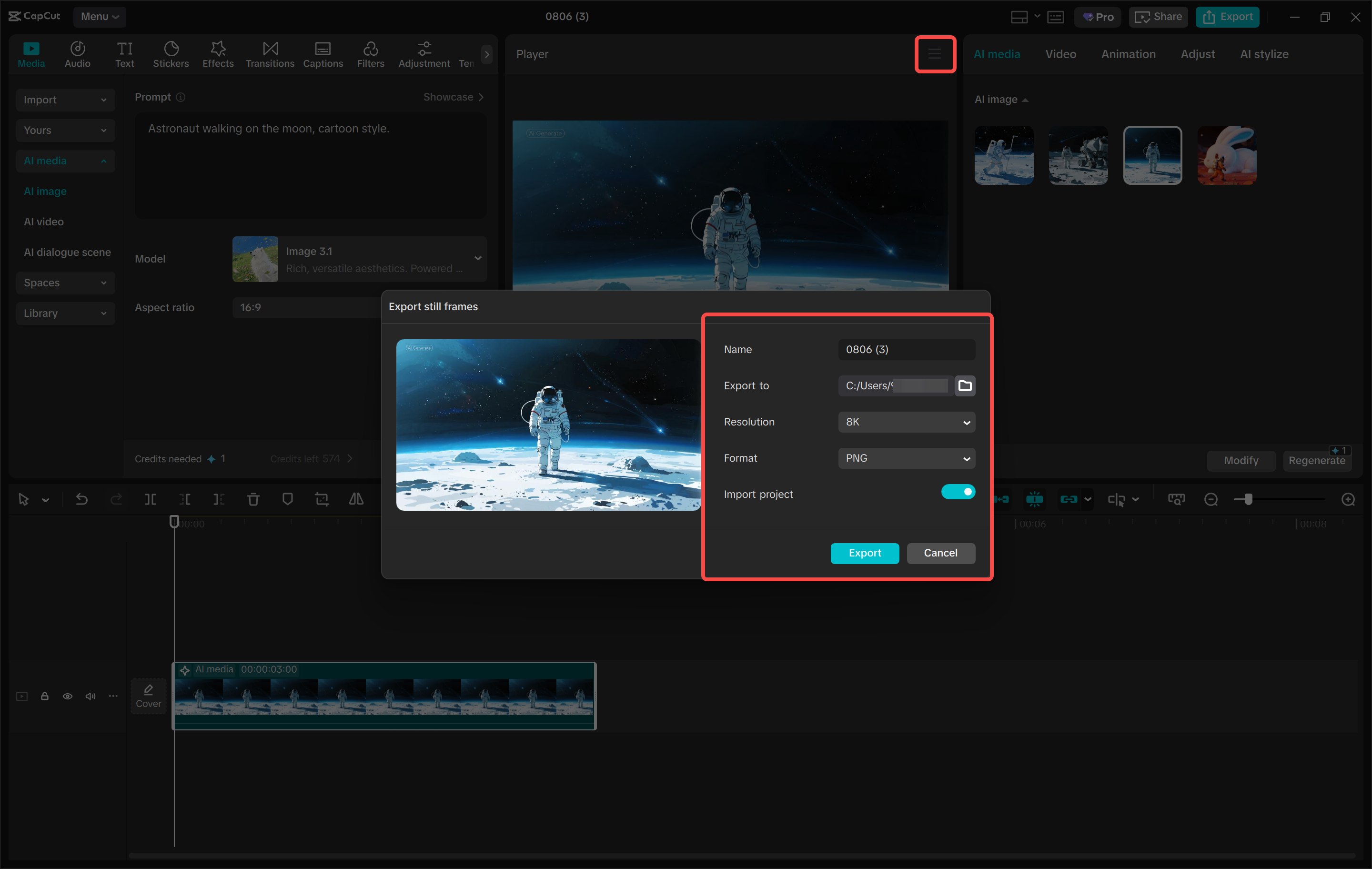 Downloading an image from the CapCut desktop video editor