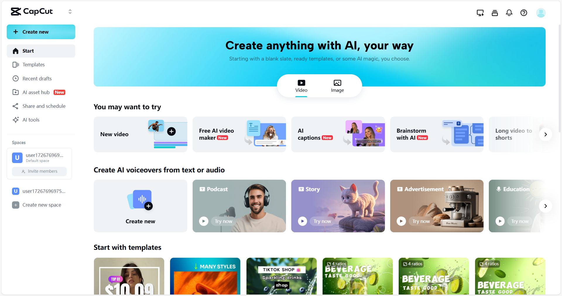 YouTube fikri oluşturma için CapCut Web'in AI ile Beyin Fırtınası özelliği