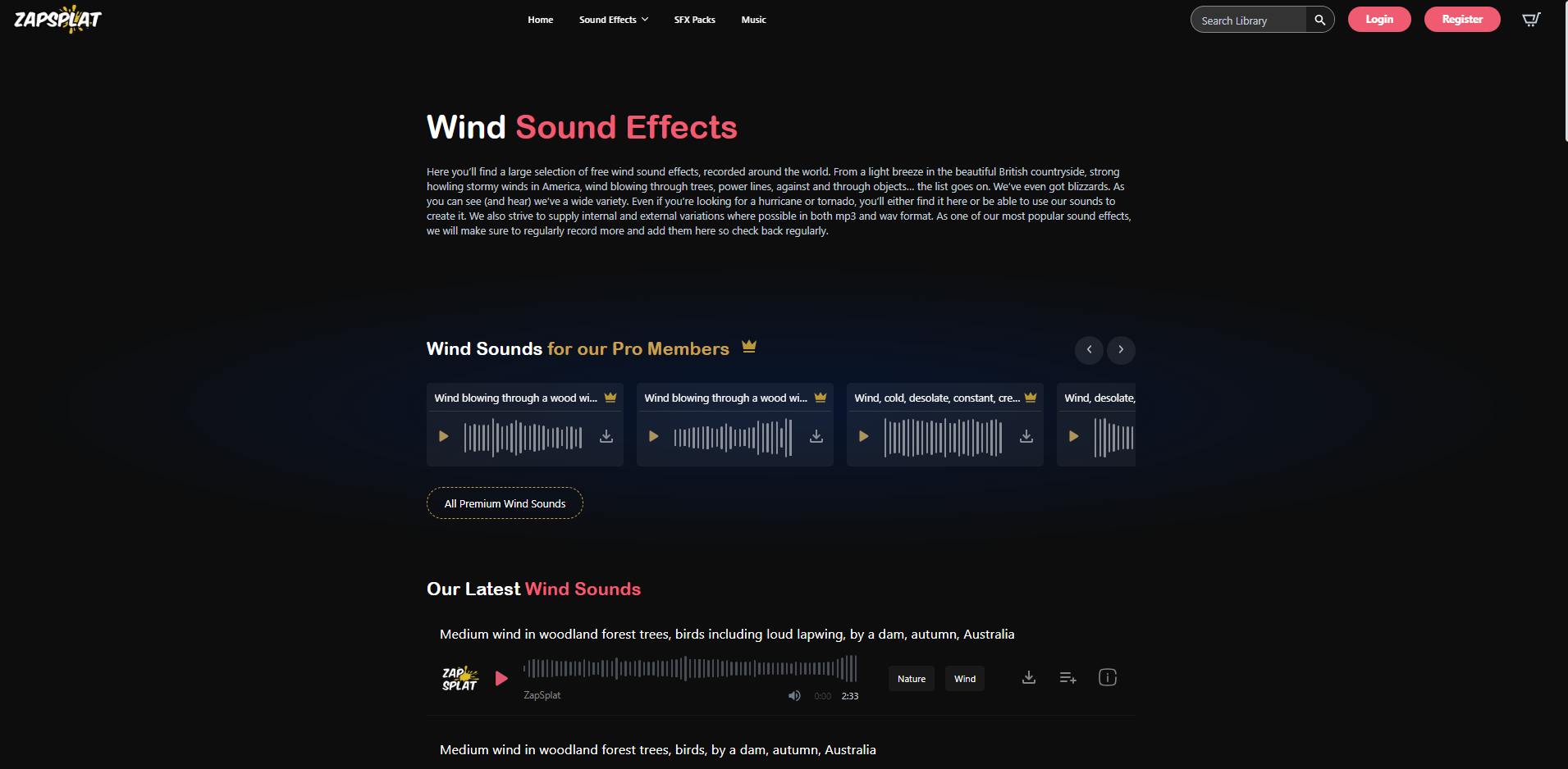 Interfaz de ZapSplat: otra herramienta para obtener efectos de sonido de viento gratis