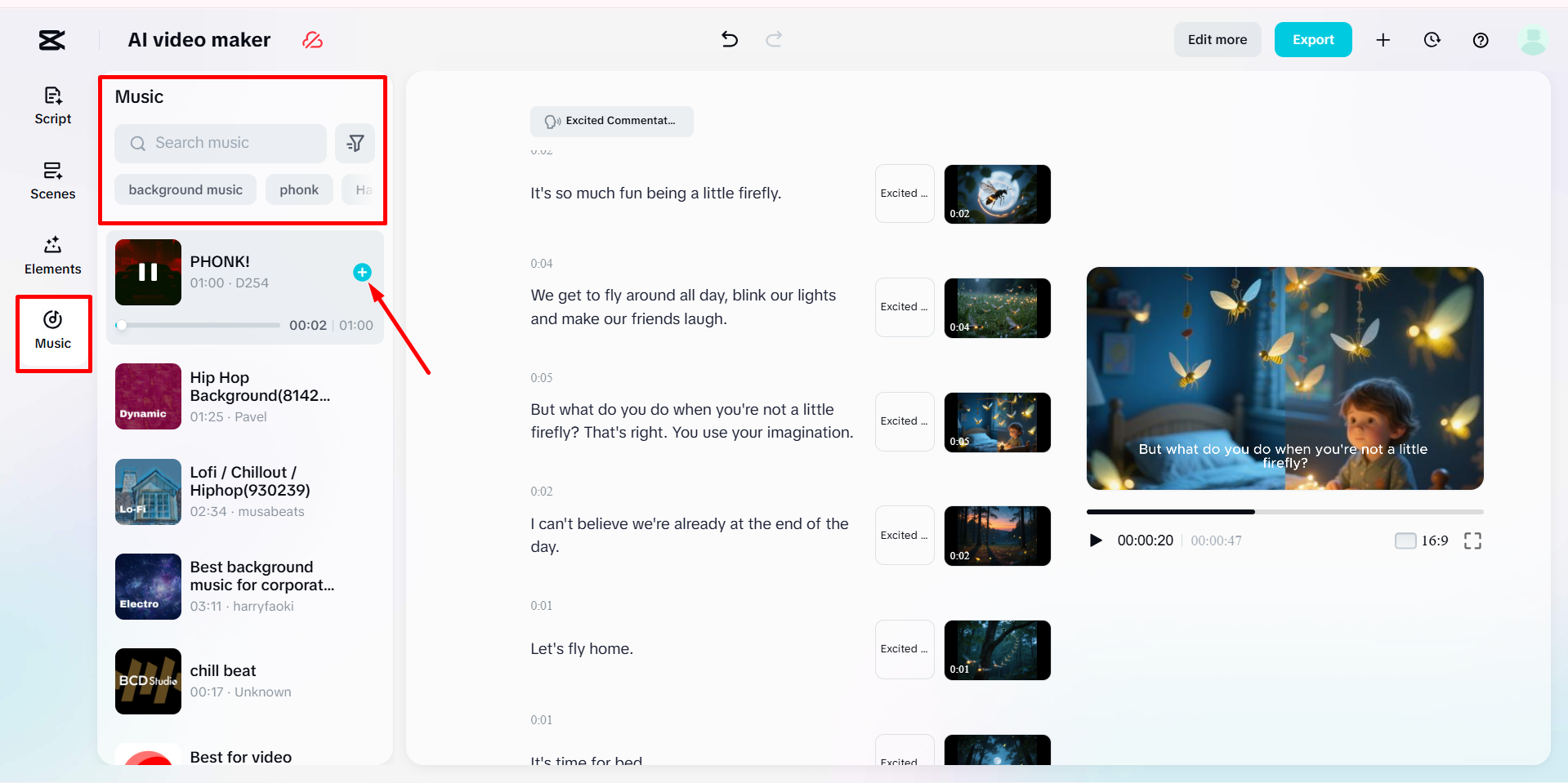 Adding the background music to the AI-generated video in CapCut Web's AI video maker