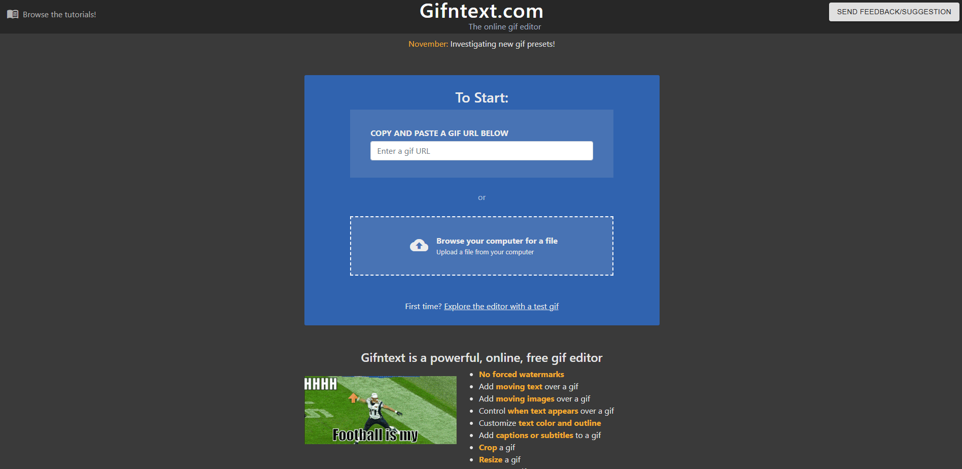 Interface de Gifntext - o criador de GIF rápido e perfeito